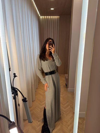Vestido Gola V Cinza Claro Tricô