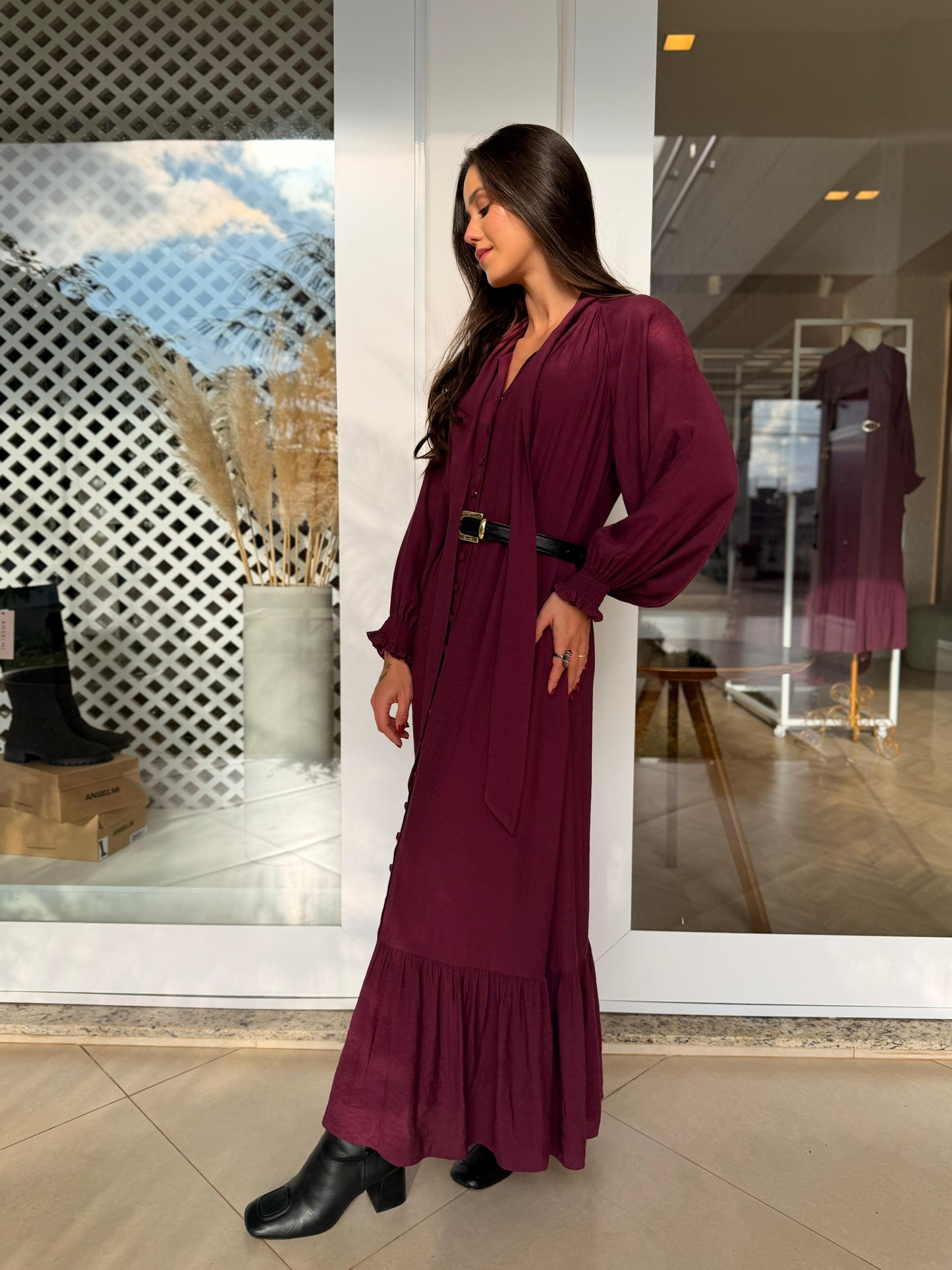 Vestido Merlot c/cinto Fall