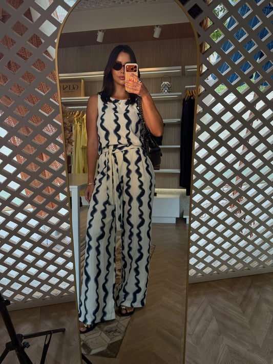Calça Waves Azul e Branco Reta
